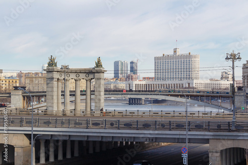 Building of Russian Federation Government House against the backdrop of bridges across the Moskva river