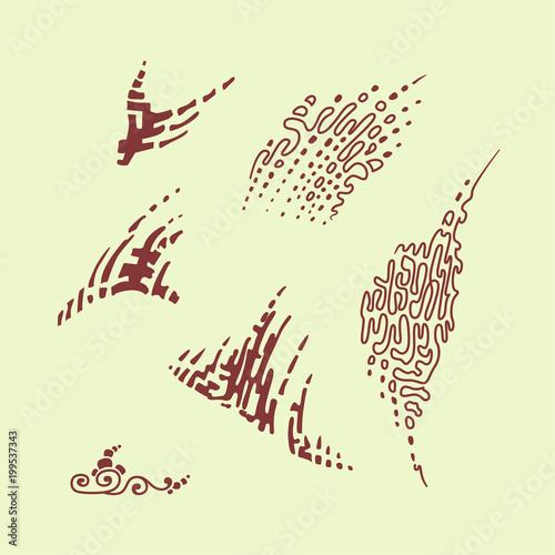 Abstract illustration simulating brush strokes. Spots of paint with splashes and drops
painted lines. Isolated objects on a light background. Triangular acute forms.