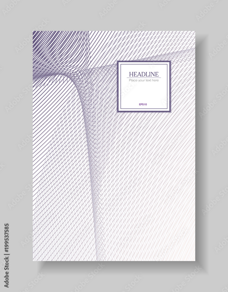 Cover template of line art design. Abstract violet lines pattern on white background. Wavy layout A4 with square text box for brochure, portfolio, leaflet, annual report, poster, flyer. EPS10 vector Cover template of line art design. Abstract violet lines pattern on white background. Wavy layout A4 with square text box for brochure, portfolio, leaflet, annual report, poster, flyer. EPS10 vector