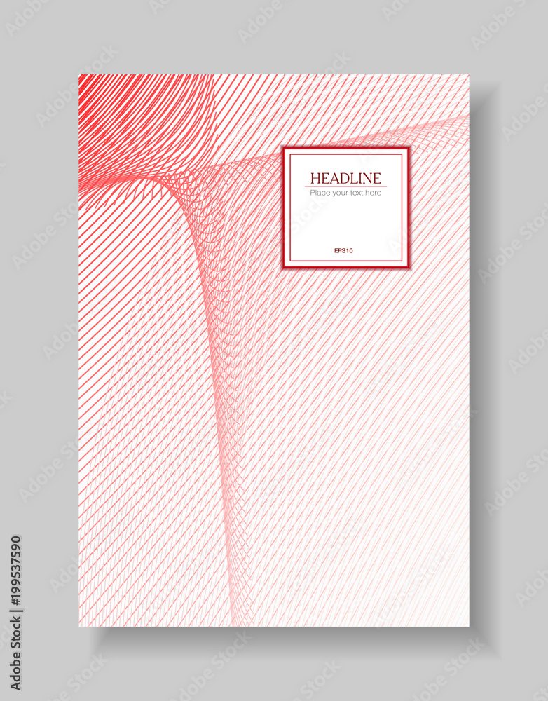 Cover template of line art design. Abstract red lines pattern on white background. Tech wavy layout A4 with square text box for brochure, portfolio, leaflet, annual report, poster, flyer. EPS10 vector
