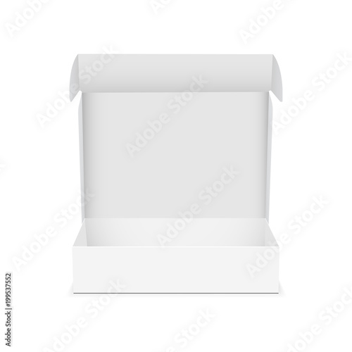Box with open lid isolated on white background - front view. Mockup for your design or branding. Vector illustration