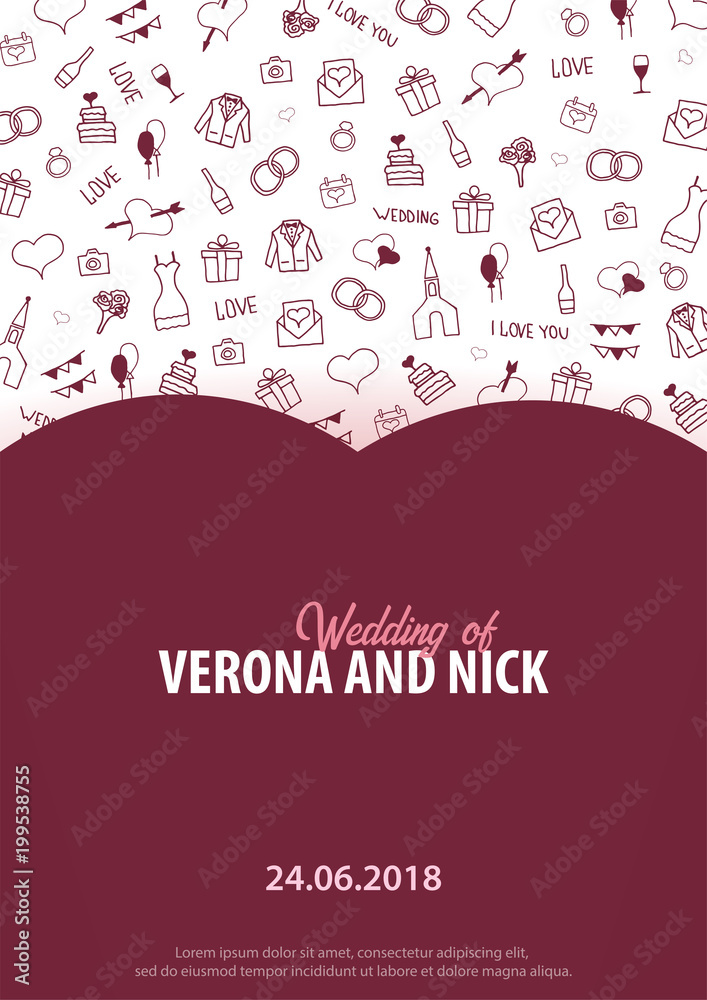 Wedding Invitation tamplate with doodle elements on a background. Save the date card. Vector illustration Wedding Invitation tamplate with doodle elements on a background. Save the date card. Vector illustration