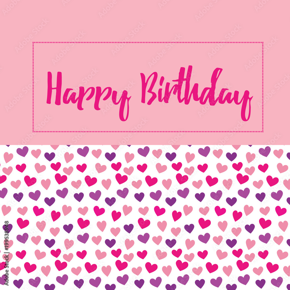 Happy Birthday card vector purple and pink hearts pattern on a white background