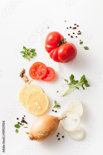 Set of spices for barbecue marinade on white background