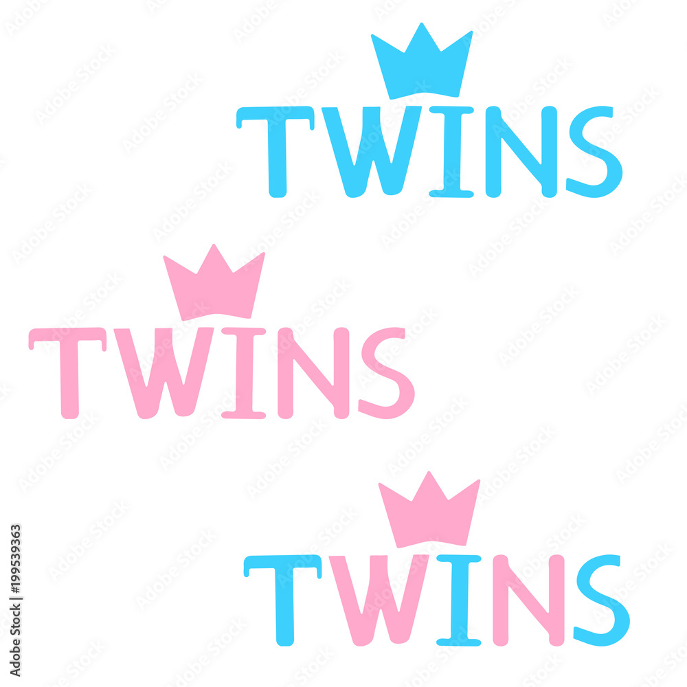 Blue and pink word Twins and crown on the white background. Stock