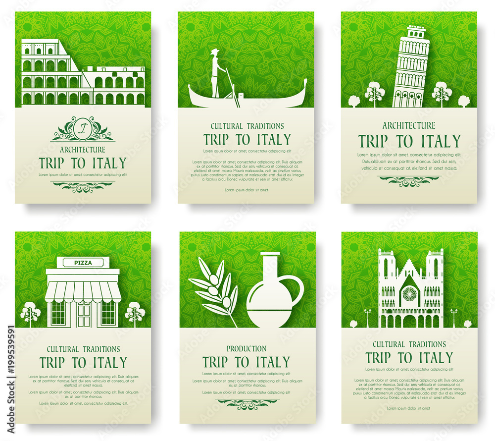 Set of Italy country ornament illustration concept. Art traditional, poster, book, poster, abstract, ottoman motifs, element. Vector decorative ethnic greeting card or invitation design