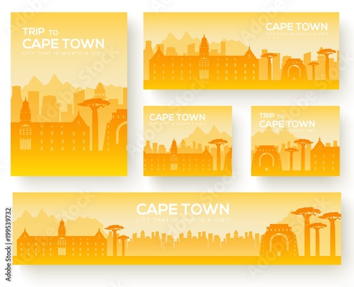 Set of cape town landscape country ornament travel tour concept. Culture traditional, magazine, book, poster, abstract, element. Vector decorative ethnic greeting card or invitation background