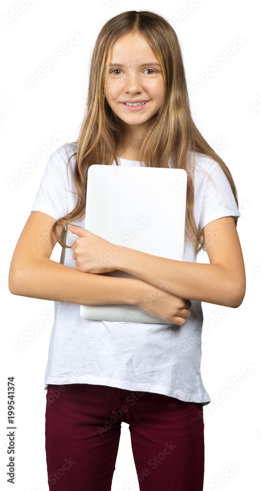 Portrait of a little girl with a nice laptop.