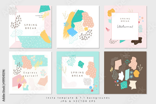 Vector Abstract Covers Templates, Graphic Poster with Pastel Trendy Patterns, Spring Colors, Organic Stroke Hipster Backgrounds, Brochures, Album Covers and Banners