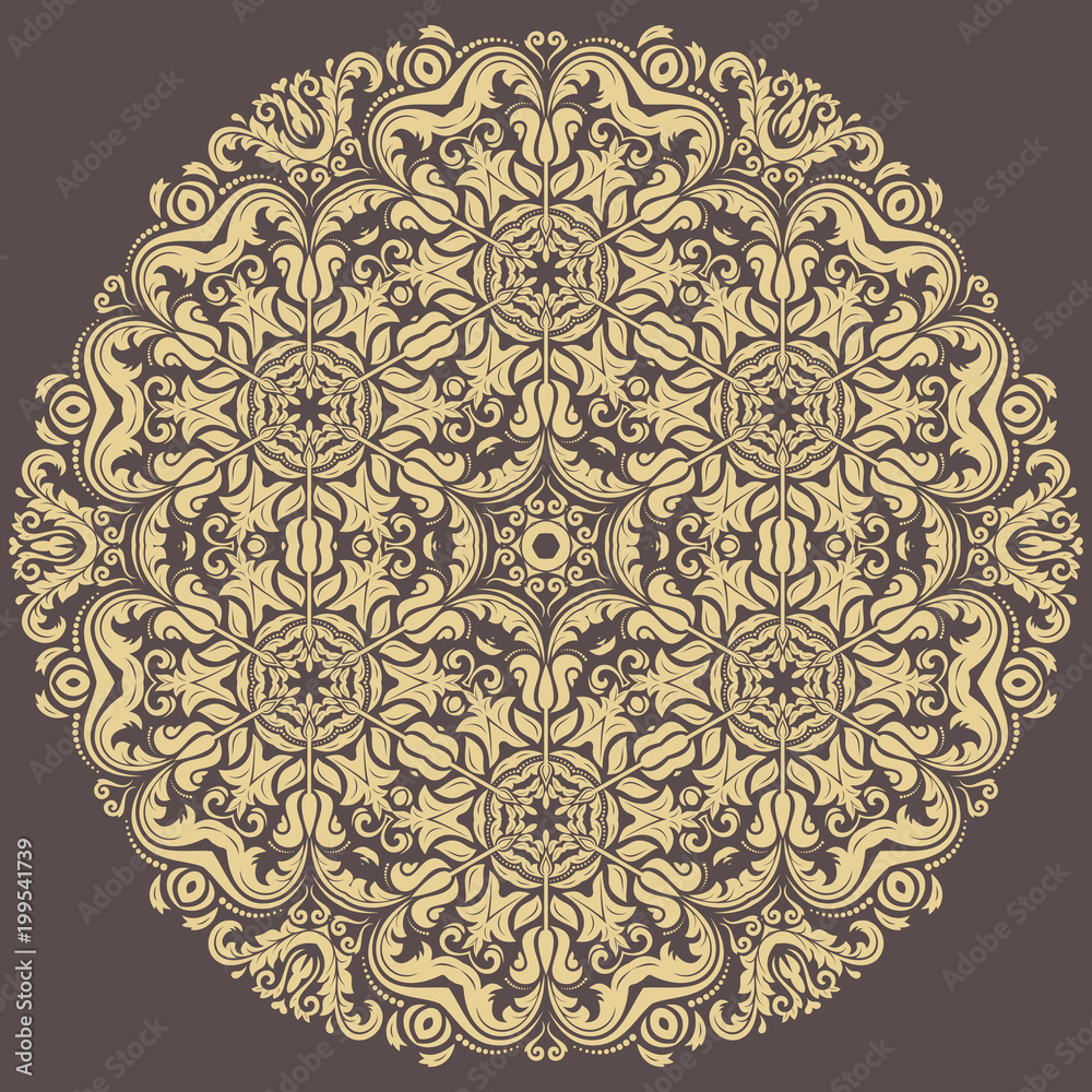 Oriental pattern with arabesques and floral elements. Traditional classic round golden ornament. Vintage pattern with arabesques