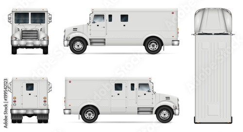 Armored truck vector mock-up. Isolated template of armor van on white. Vehicle branding mockup. Side, front, back, top view. All elements in the groups on separate layers. Easy to edit and recolor.