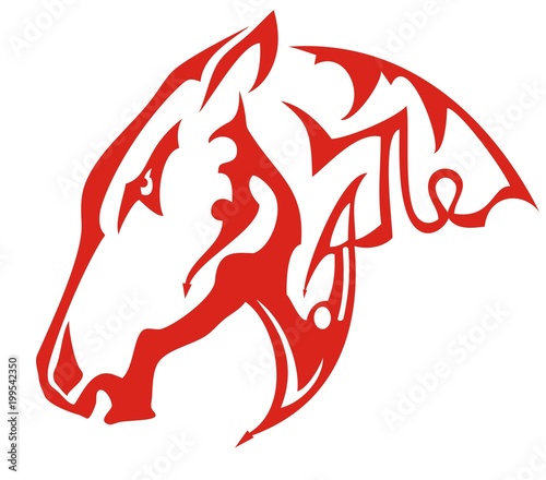  Linear horse head symbol in red and white tones. Vector illustration of an icon of the flaming laconic horse head on a white background for your design
