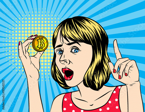 Vector retro illustration  pop art comic style of  a beautiful woman hold a bitcoin. A Vintage poster of a girl with bitcoin in her hand over halftone dot background