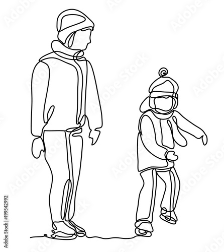 Mother and daughter ice skating together, isolated on white background. Mother and daughter talking and having fun. Continuous line drawing.