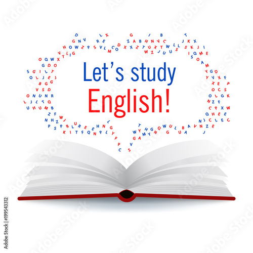 Let's study English! Vector illustration with book and tag with letters. English course