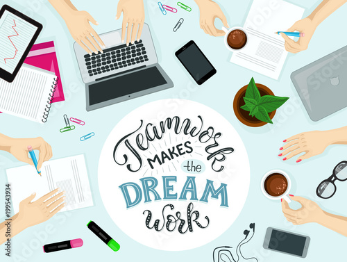 Teamwork makes the dream work lettering. Business meeting vector illustration. Group of people working around the table in the office. Successful teamwork concept.