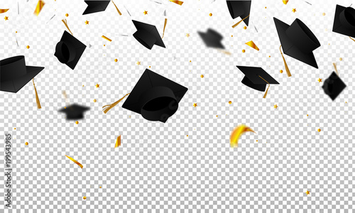 Graduate caps and confetti on a transparent background. Caps thrown up. Invitation card with diplomas. photo