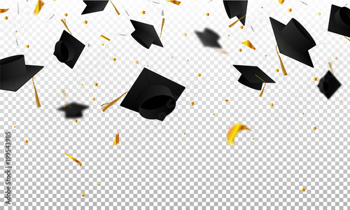 Graduate caps and confetti on a transparent background. Caps thrown up. Invitation card with diplomas.