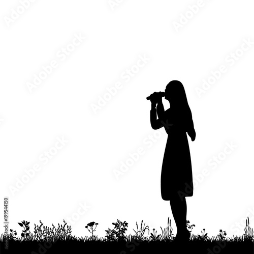 vector, isolated silhouette girl singing in the nature