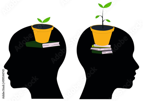 Plant in pot growing from a head, stack of books. Learning and growing concept