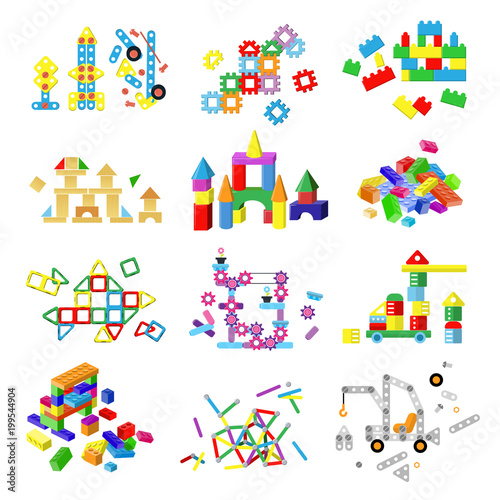 Kids building blocks vector baby toy colorful bricks to build or construct cute color construction in childroom illustration set of children blocks games isolated on white background