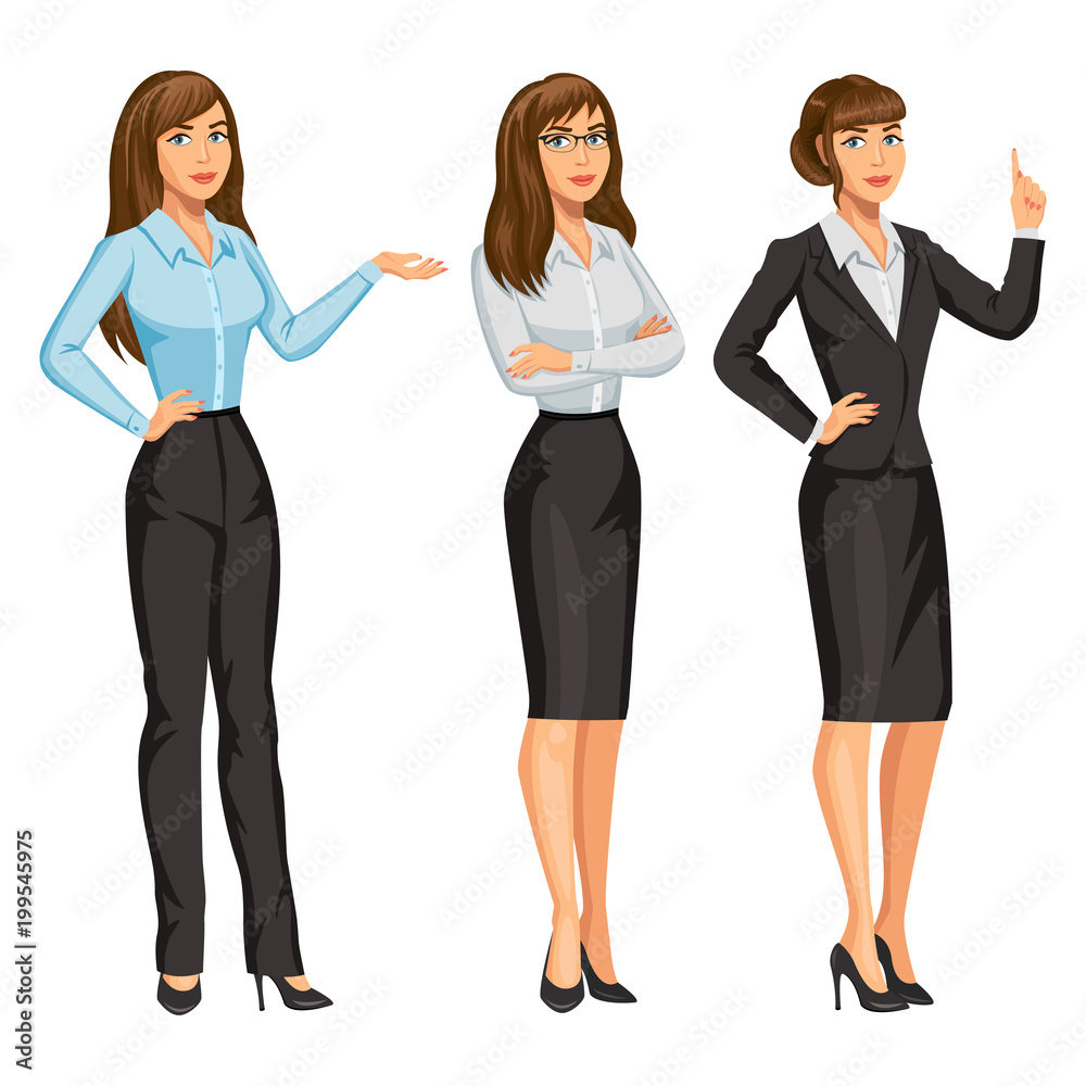 Woman in business suit with glasses. Elegant brunette girl in different poses. Consultant or secretary, standing and gesturing. Stock vector, eps 10. Woman in business suit with glasses. Elegant brunette girl in different poses. Consultant or secretary, standing and gesturing. Stock vector, eps 10.