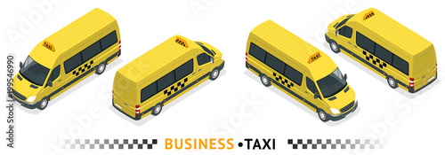 Isometric high quality city service transport icon set. Car taxi service. Minibus or Van car. Airport transfer