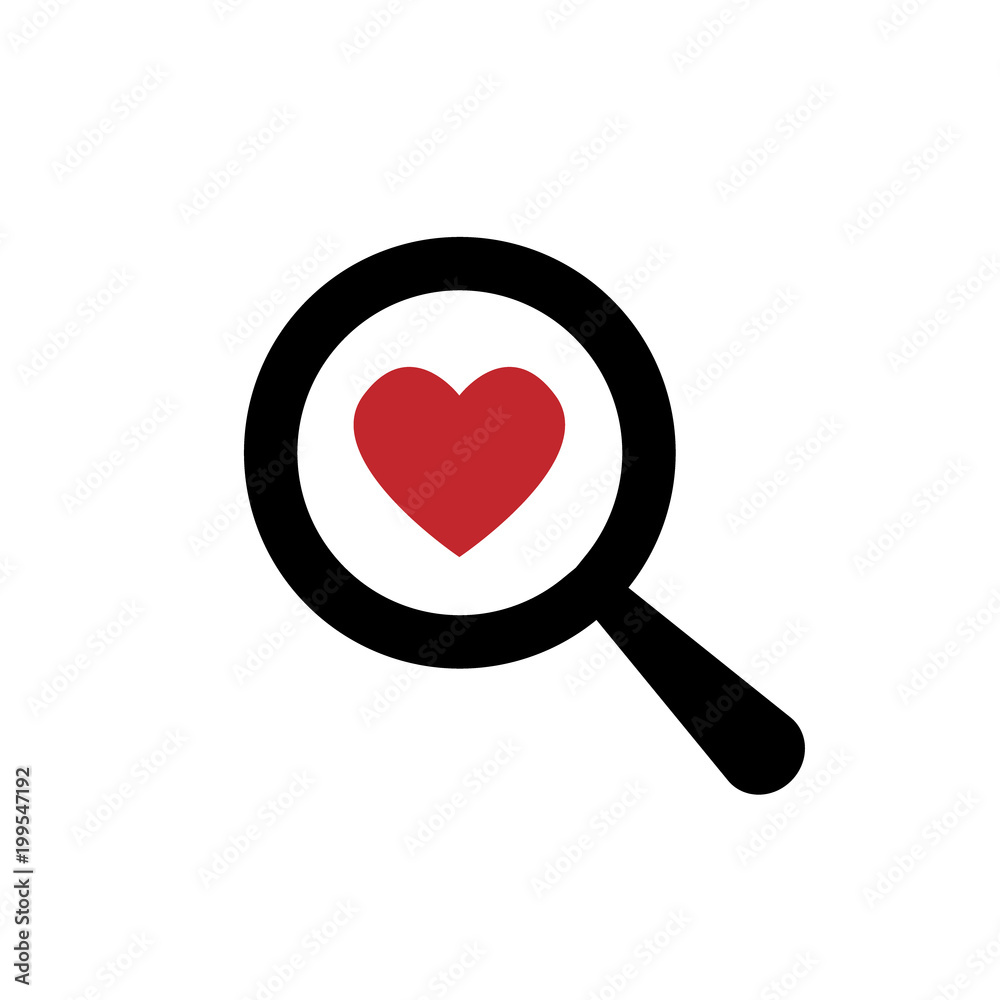 Search heart and love icon, vector. Magnifying glass with heart inside. Dating illustration.