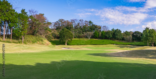 Panorama view of Golf Course where the turf is beautiful and green in Japan. Golf course with a rich green turf beautiful scenery.