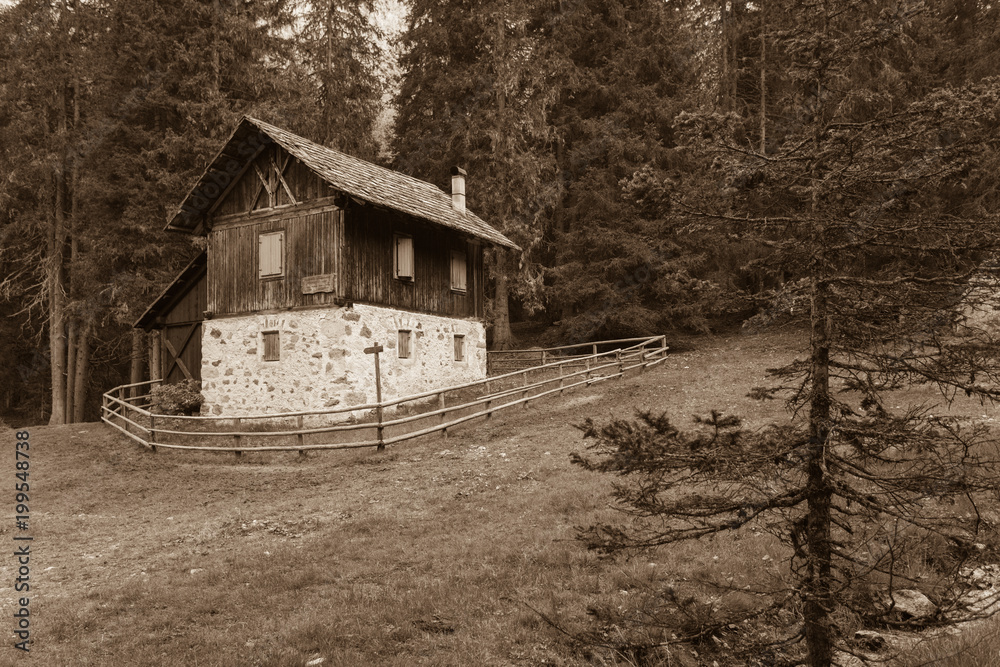 A closed old cowshed at fall in front of a mountain meadow A closed old cowshed at fall in front of a mountain meadow
