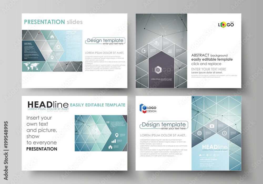 Set of business templates for presentation slides. Abstract vector layouts in flat design. Geometric background, connected line and dots. Molecular structure. Scientific, medical, technology concept. Set of business templates for presentation slides. Abstract vector layouts in flat design. Geometric background, connected line and dots. Molecular structure. Scientific, medical, technology concept.