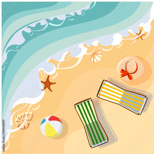 Vacation card with beach and deckchairs.