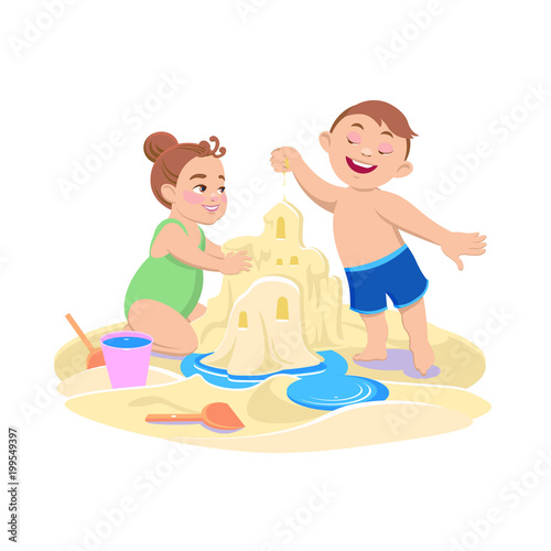 cartoon girl and boy playing in the sand on the beach