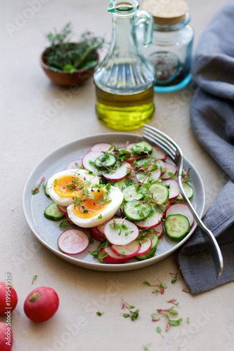 Fresh salad with radish, cucumber and egg. Gray wooden background
