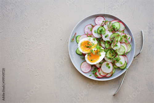 Fresh salad with radish, cucumber and egg. Gray wooden background 