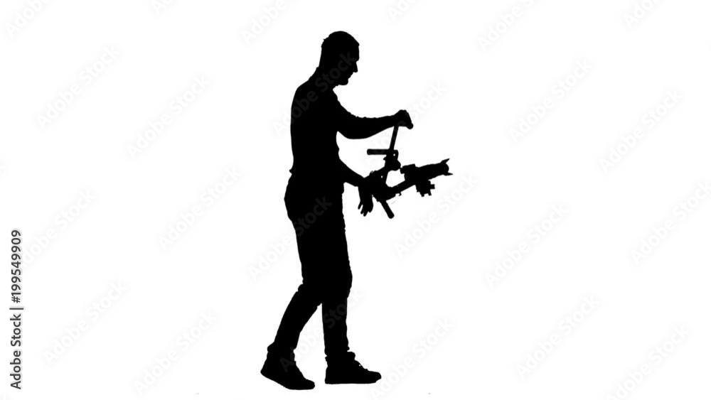 Cameraman steps with the camera on his steadicam. White background. Silhouette. Side view Cameraman steps with the camera on his steadicam. White background. Silhouette. Side view