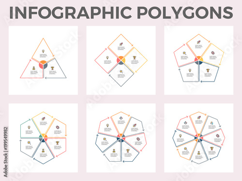 Infographic polygons. Triangle, square, pentagon, hexagon, heptagon, octagon. Vector templates. Editable line.