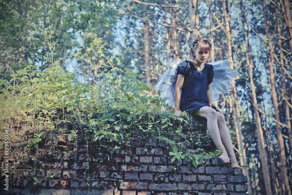 The young model is posing as a fairy in a spiderweb The young model is posing as a fairy in a spiderweb