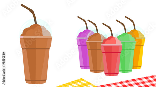 Set of smoothies in plastic glass with different flavors on transparent background. Healthy juice to go take away. Flat style vector design.