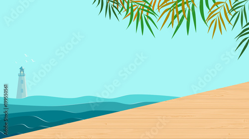 Summer background with sea view. Wooden textured terrace, palm leaves and lighthouse. Copy space for text.