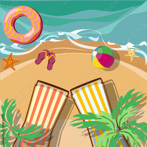 Vacation card with beach and deckchairs.