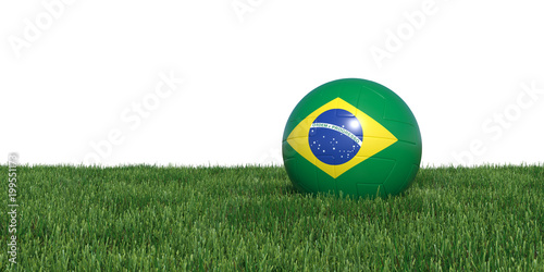 Brazil Brazilian flag soccer ball lying in grass  isolated on white background. 3D Rendering  Illustration.
