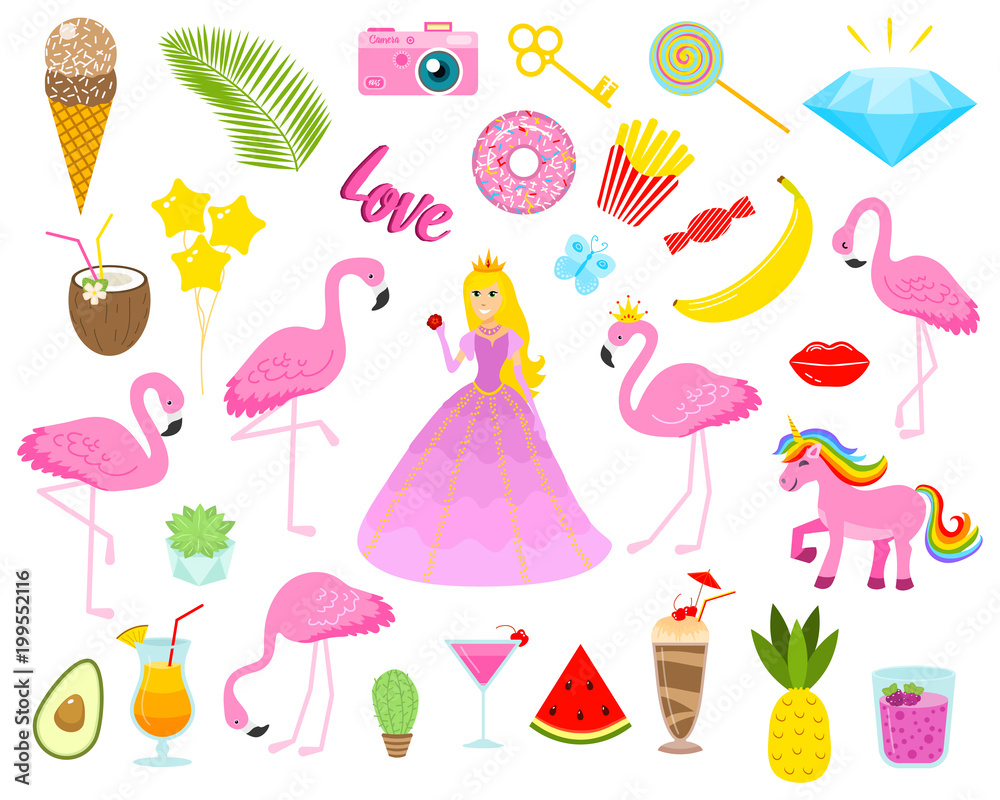 Naklejka premium Set of girls fashion cute patches, fun stickers, badges, pins and stickers. Collection different elements. Princess and flamingos, unicorn, milkshakes, candy for notebook. Vector trendy illustration.