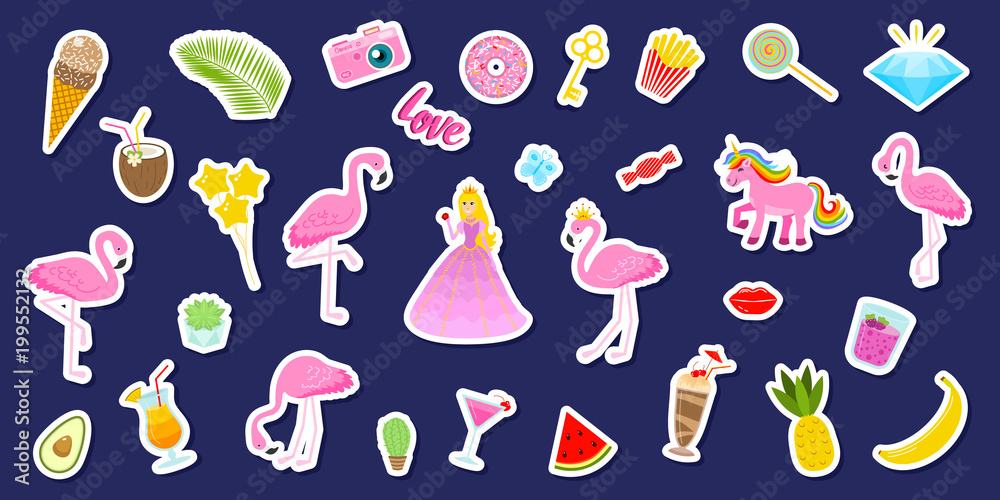 Set of girls fashion cute patches, fun stickers, badges, pins and stickers. Collection different elements. Princess and flamingos, unicorn, milkshakes, candy for notebook. Vector trendy illustration. Set of girls fashion cute patches, fun stickers, badges, pins and stickers. Collection different elements. Princess and flamingos, unicorn, milkshakes, candy for notebook. Vector trendy illustration.