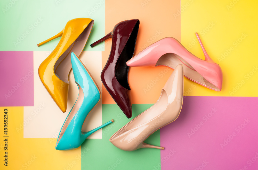 Set of colored women's shoes on a colored background Stock Photo | Adobe  Stock