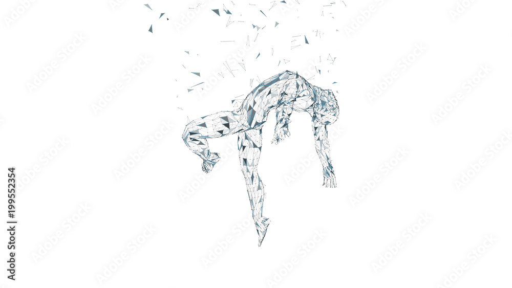 Conceptual abstract man is soaring in air. Connected lines, dots, triangles, particles isolated on white. Artificial intelligence concept. High technology vector, digital background. 3D render vector Conceptual abstract man is soaring in air. Connected lines, dots, triangles, particles isolated on white. Artificial intelligence concept. High technology vector, digital background. 3D render vector