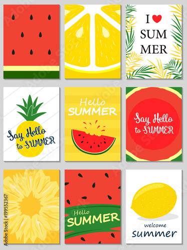 Set of colorful summer poster with pineapple, watermelon, lemon, palm leaves and hand written text