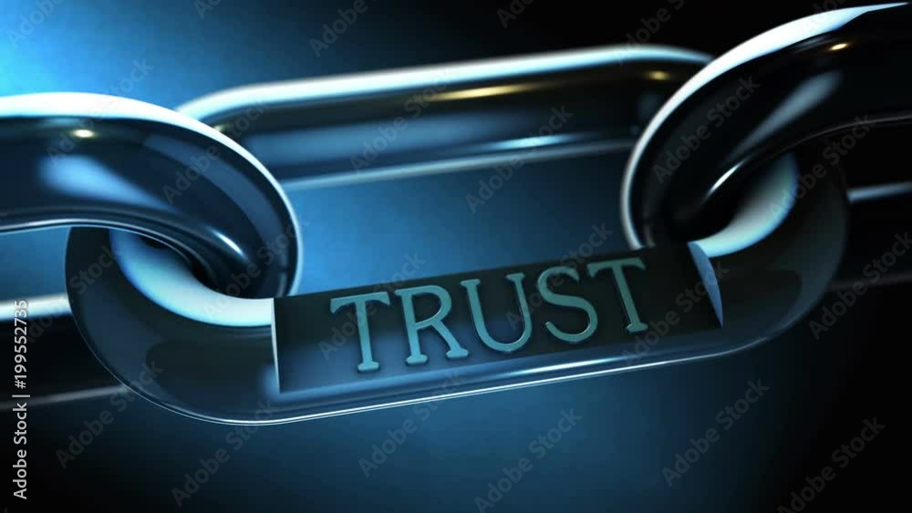Trust word as symbol in the chrome chain. 4K UHD animation.