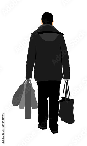 Lonely man doing everyday grocery shopping with shopping basket at supermarket, vector silhouette isolated on white background. Male usual walk after work with consumer bag buy food and another goods.