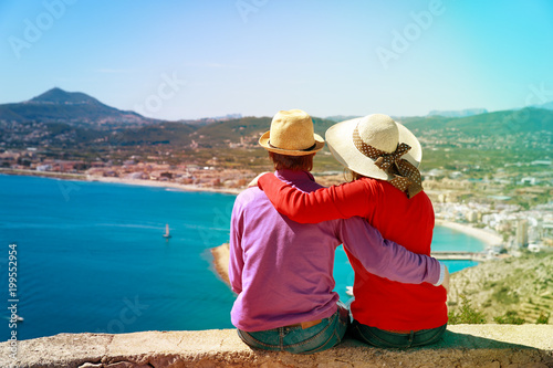 happy young couple travel in Europe, Spain, looking at scenic view